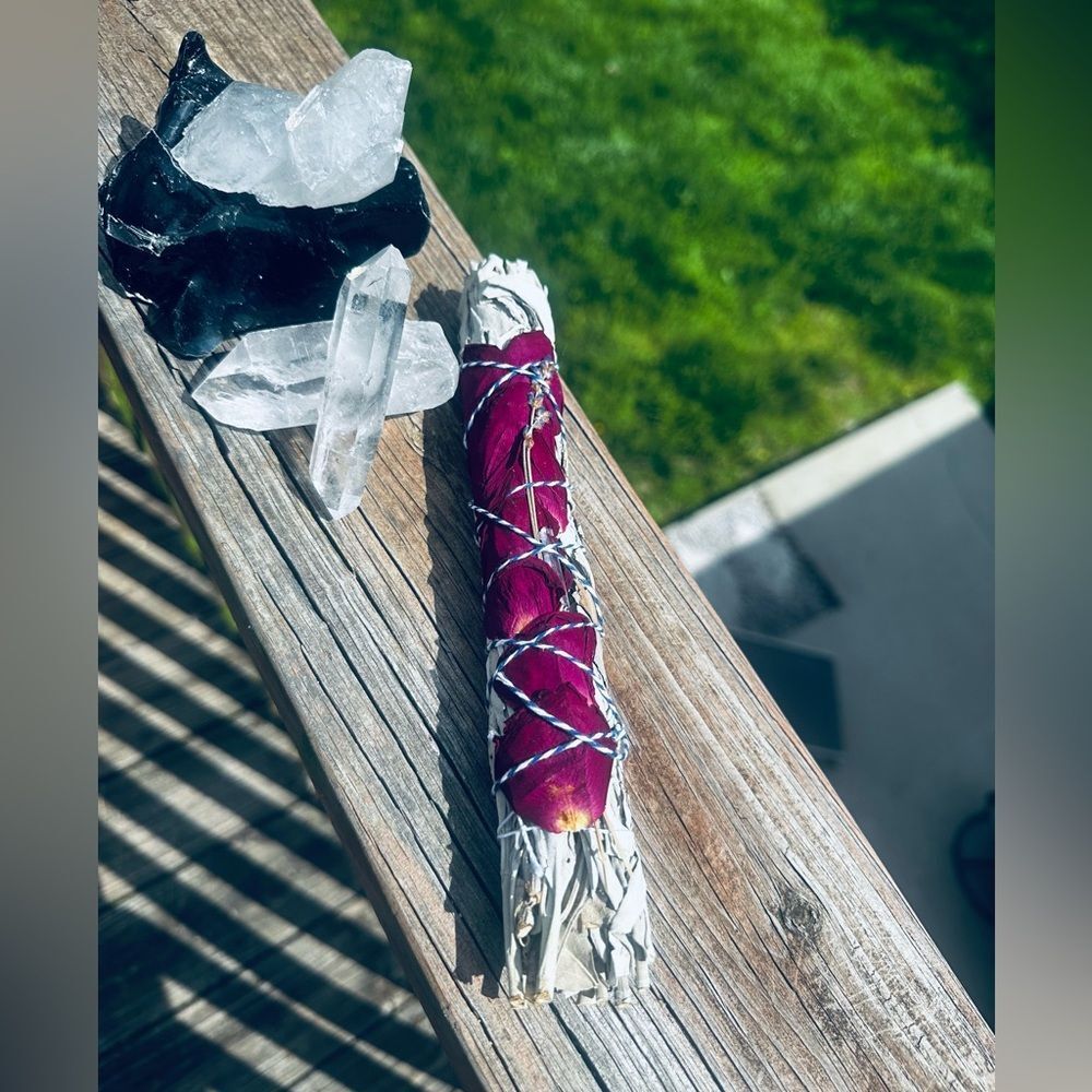 Sage smudge with dried flowers and a crystal Handmade Choose 1 One